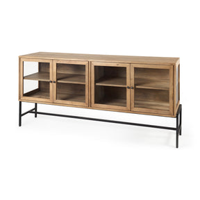 Arelius Light Brown Wood, Black Metal Base w/ 4 Glass Cabinet Doors Sideboard by Mercana at Eve Furniture