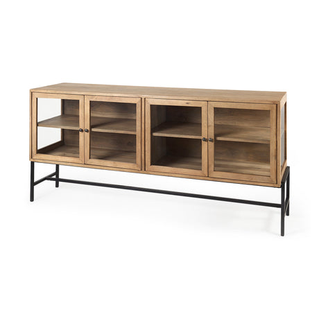 Arelius Light Brown Wood, Black Metal Base w/ 4 Glass Cabinet Doors Sideboard by Mercana at Eve Furniture