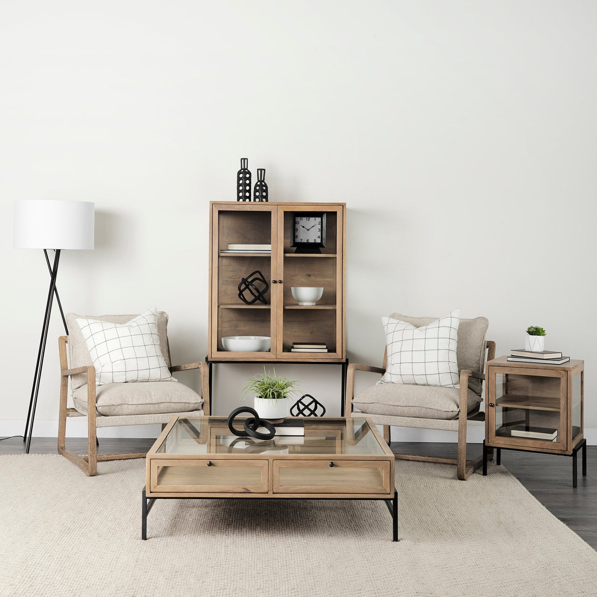 Arelius Light Brown Wood W/ Black Metal Base Display Cabinet by Mercana at Eve Furniture