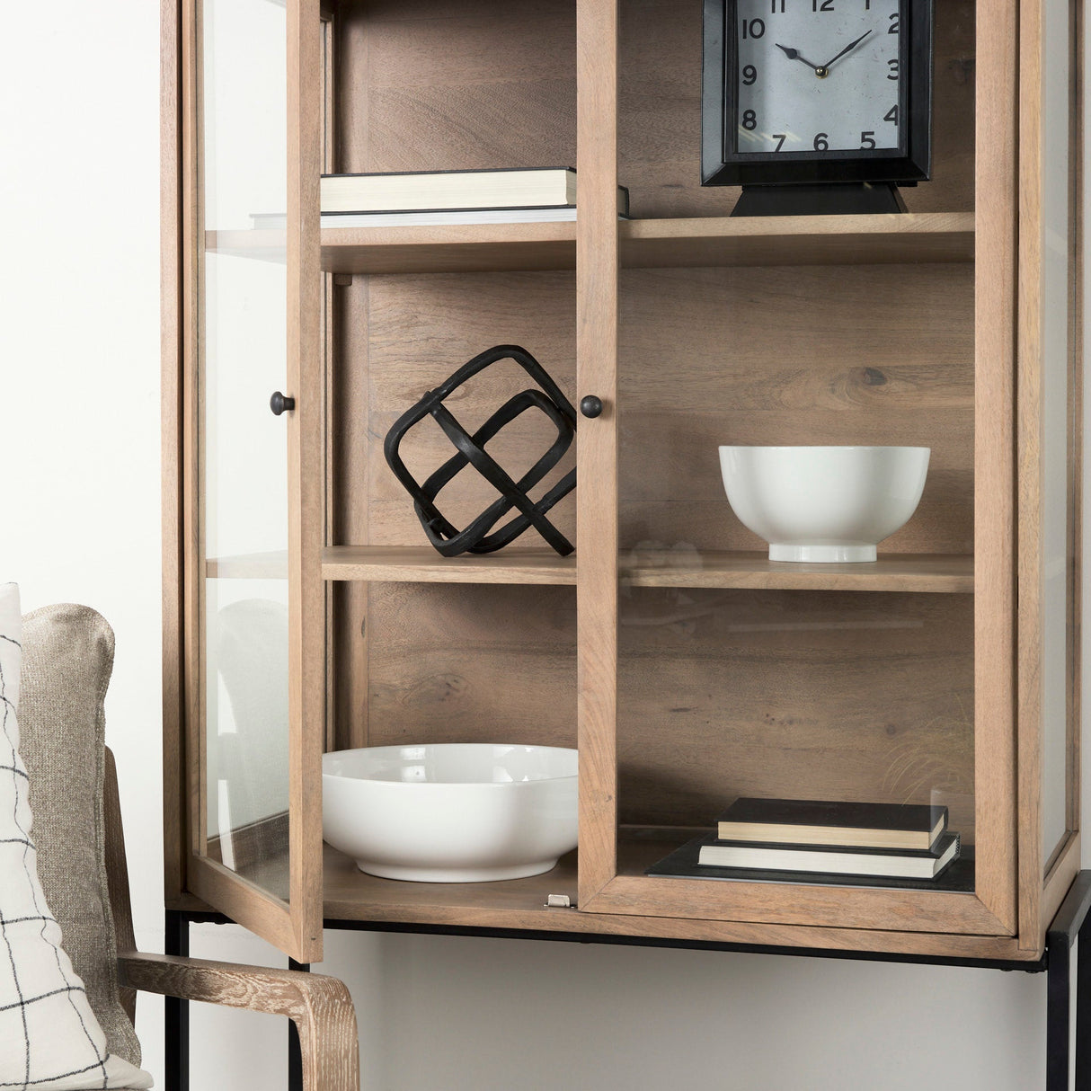 Arelius Light Brown Wood W/ Black Metal Base Display Cabinet by Mercana at Eve Furniture