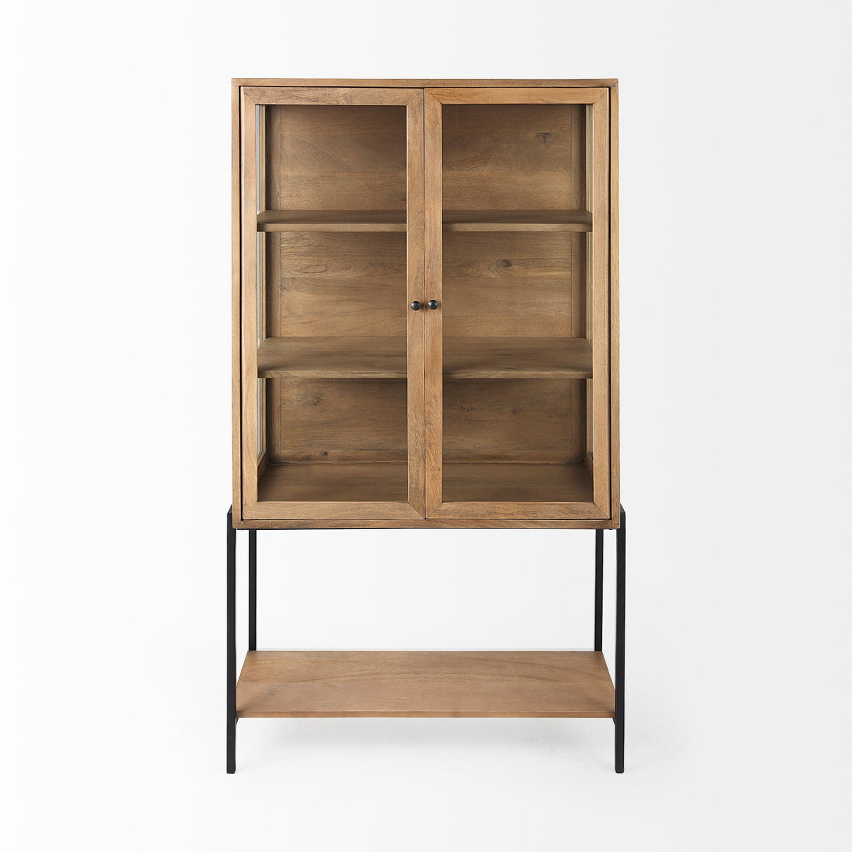 Arelius Light Brown Wood W/ Black Metal Base Display Cabinet by Mercana at Eve Furniture