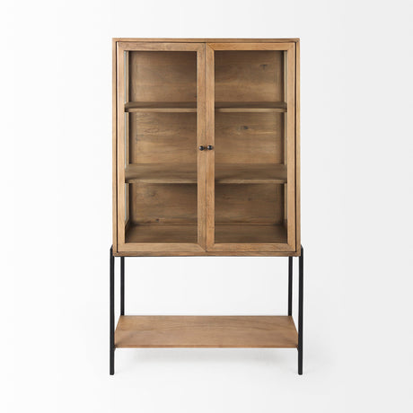 Arelius Light Brown Wood W/ Black Metal Base Display Cabinet by Mercana at Eve Furniture
