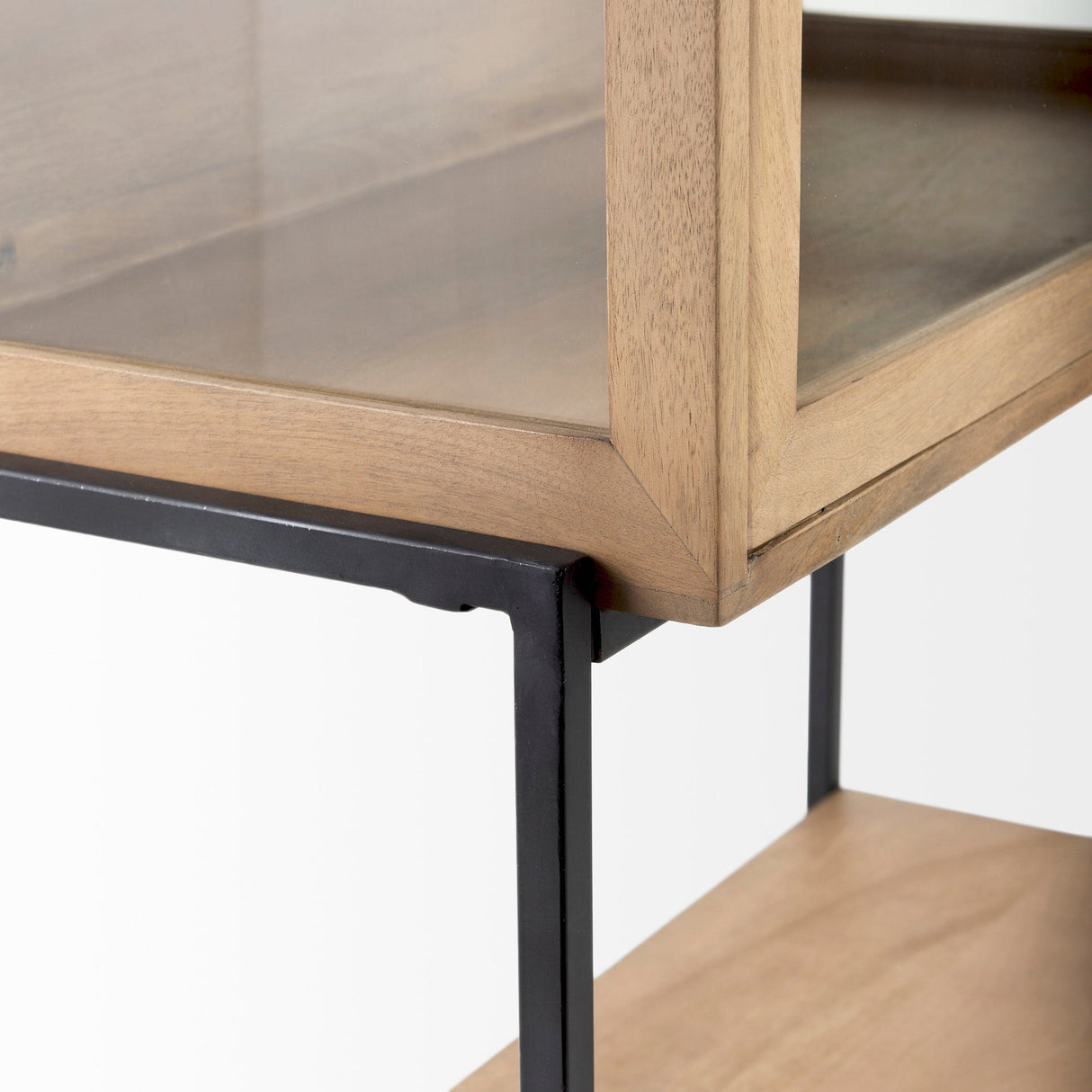 Arelius Light Brown Wood W/ Black Metal Base Display Cabinet by Mercana at Eve Furniture