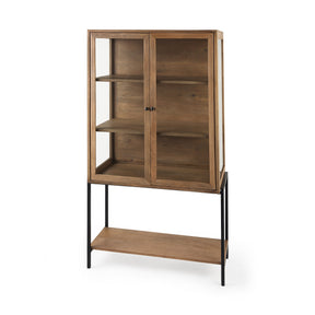 Arelius Light Brown Wood W/ Black Metal Base Display Cabinet by Mercana at Eve Furniture