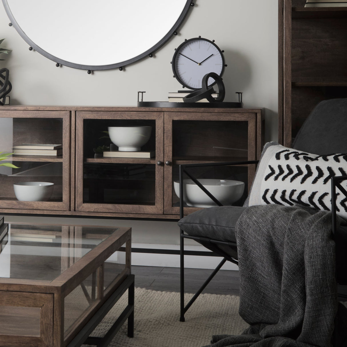 Arelius Medium Brown, Black Metal Base w/ 4 Glass Door Cabinets Sideboard by Mercana at Eve Furniture