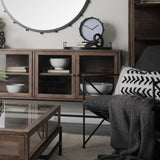 Arelius Medium Brown, Black Metal Base w/ 4 Glass Door Cabinets Sideboard by Mercana at Eve Furniture
