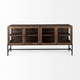 Arelius Medium Brown, Black Metal Base w/ 4 Glass Door Cabinets Sideboard by Mercana at Eve Furniture