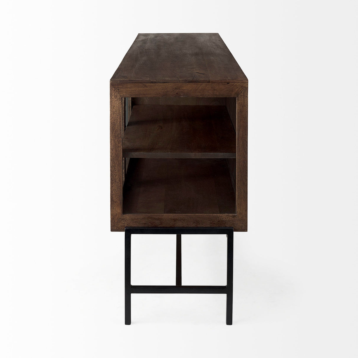 Arelius Medium Brown, Black Metal Base w/ 4 Glass Door Cabinets Sideboard by Mercana at Eve Furniture