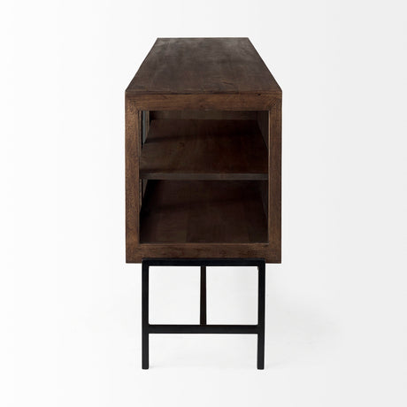 Arelius Medium Brown, Black Metal Base w/ 4 Glass Door Cabinets Sideboard by Mercana at Eve Furniture
