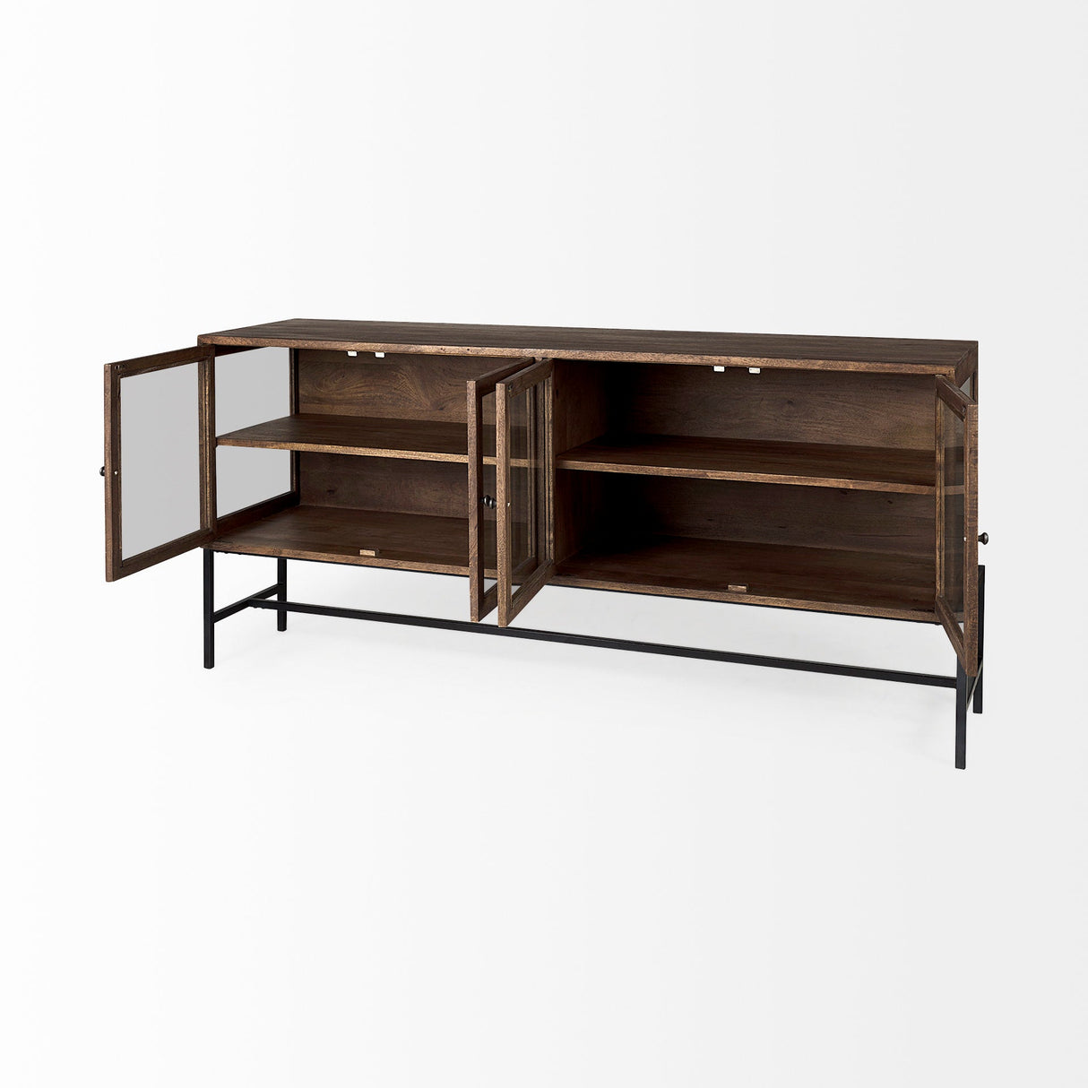Arelius Medium Brown, Black Metal Base w/ 4 Glass Door Cabinets Sideboard by Mercana at Eve Furniture