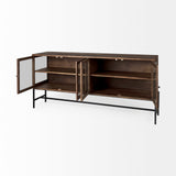 Arelius Medium Brown, Black Metal Base w/ 4 Glass Door Cabinets Sideboard by Mercana at Eve Furniture