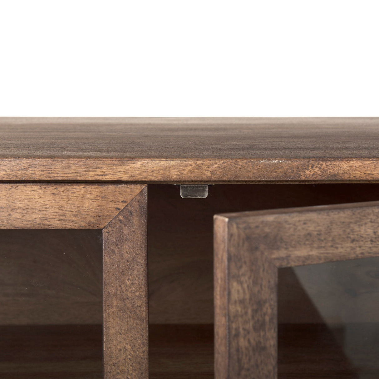 Arelius Medium Brown, Black Metal Base w/ 4 Glass Door Cabinets Sideboard by Mercana at Eve Furniture