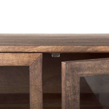 Arelius Medium Brown, Black Metal Base w/ 4 Glass Door Cabinets Sideboard by Mercana at Eve Furniture