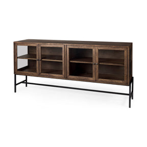 Arelius Medium Brown, Black Metal Base w/ 4 Glass Door Cabinets Sideboard by Mercana at Eve Furniture