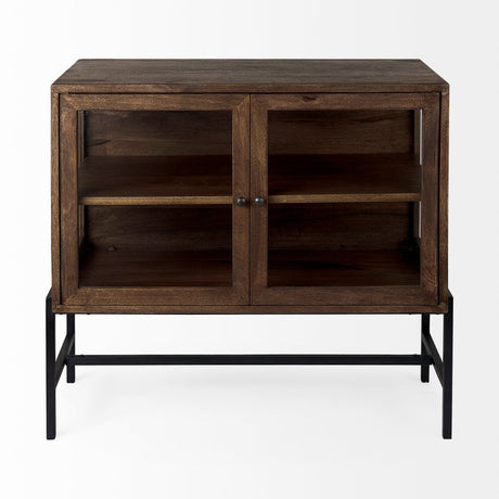 Arelius Medium Brown Wood, Black Metal Base w/ 2 Glass Doors Accent Cabinet by Mercana at Eve Furniture