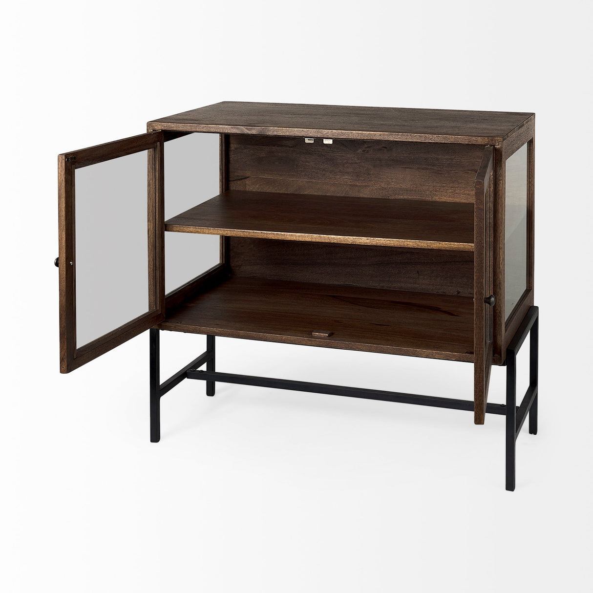 Arelius Medium Brown Wood, Black Metal Base w/ 2 Glass Doors Accent Cabinet by Mercana at Eve Furniture