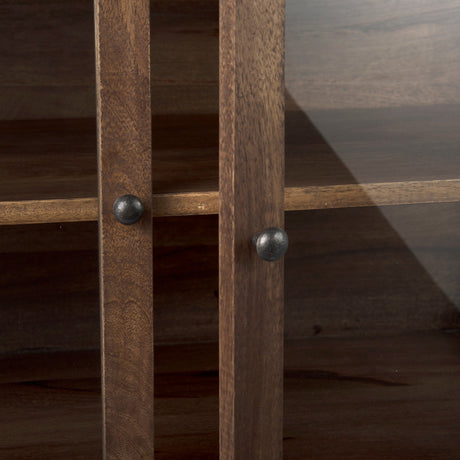 Arelius Medium Brown Wood, Black Metal Base w/ 2 Glass Doors Accent Cabinet by Mercana at Eve Furniture