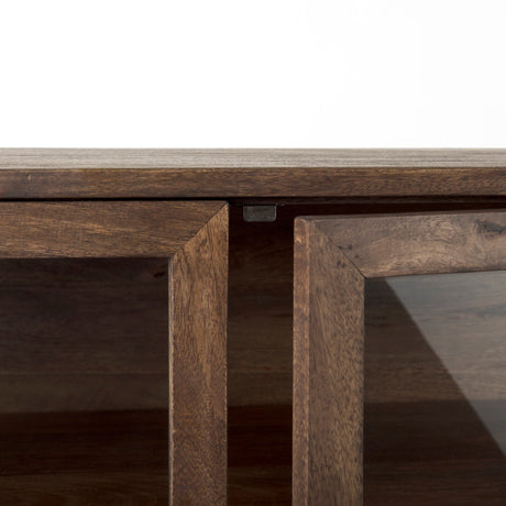 Arelius Medium Brown Wood, Black Metal Base w/ 2 Glass Doors Accent Cabinet by Mercana at Eve Furniture