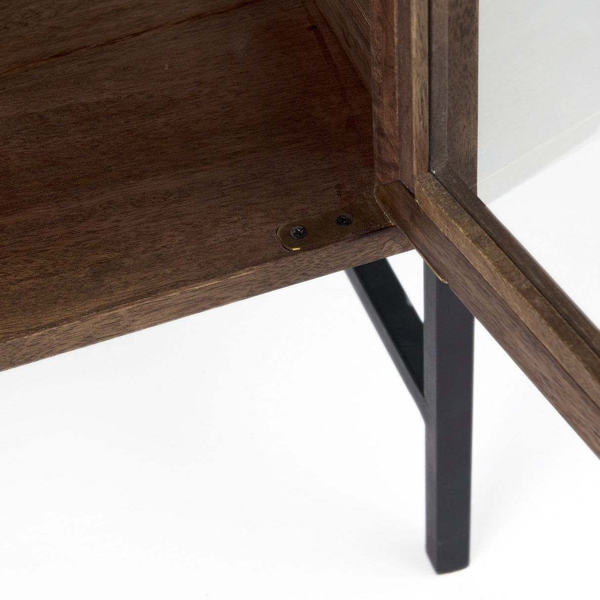 Arelius Medium Brown Wood, Black Metal Base w/ 2 Glass Doors Accent Cabinet by Mercana at Eve Furniture
