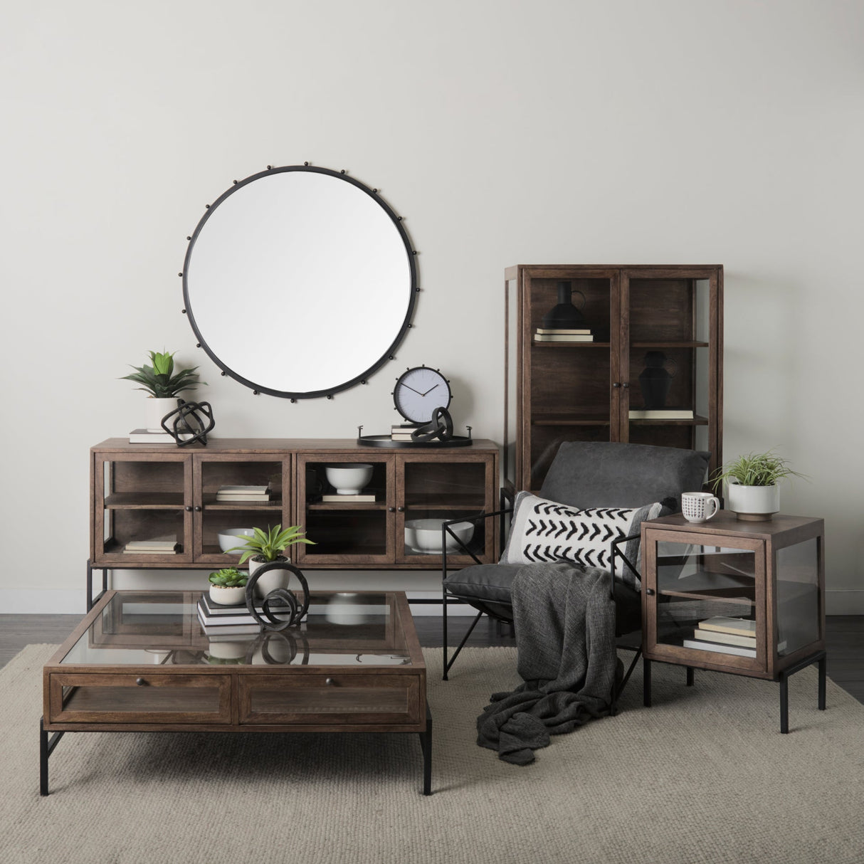 Arelius Medium Brown Wood W/ Black Metal Base Display Cabinet by Mercana at Eve Furniture