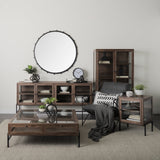 Arelius Medium Brown Wood W/ Black Metal Base Display Cabinet by Mercana at Eve Furniture