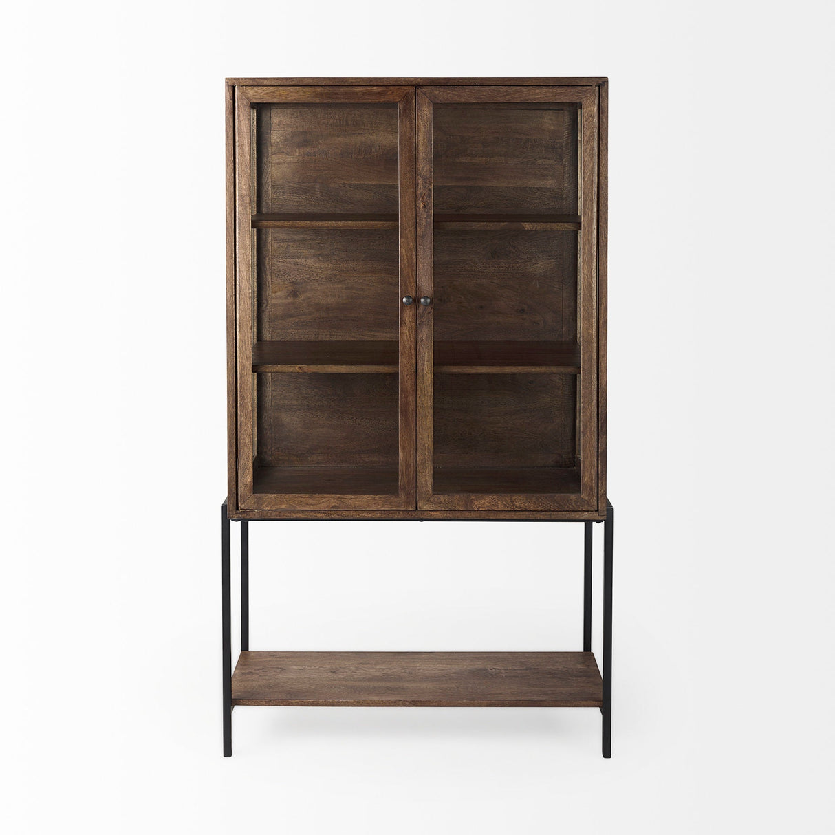 Arelius Medium Brown Wood W/ Black Metal Base Display Cabinet by Mercana at Eve Furniture