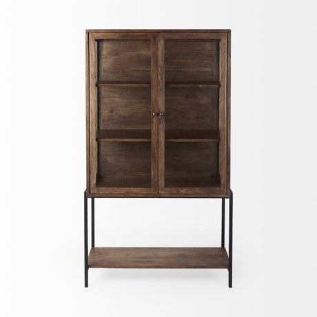 Arelius Medium Brown Wood W/ Black Metal Base Display Cabinet by Mercana at Eve Furniture