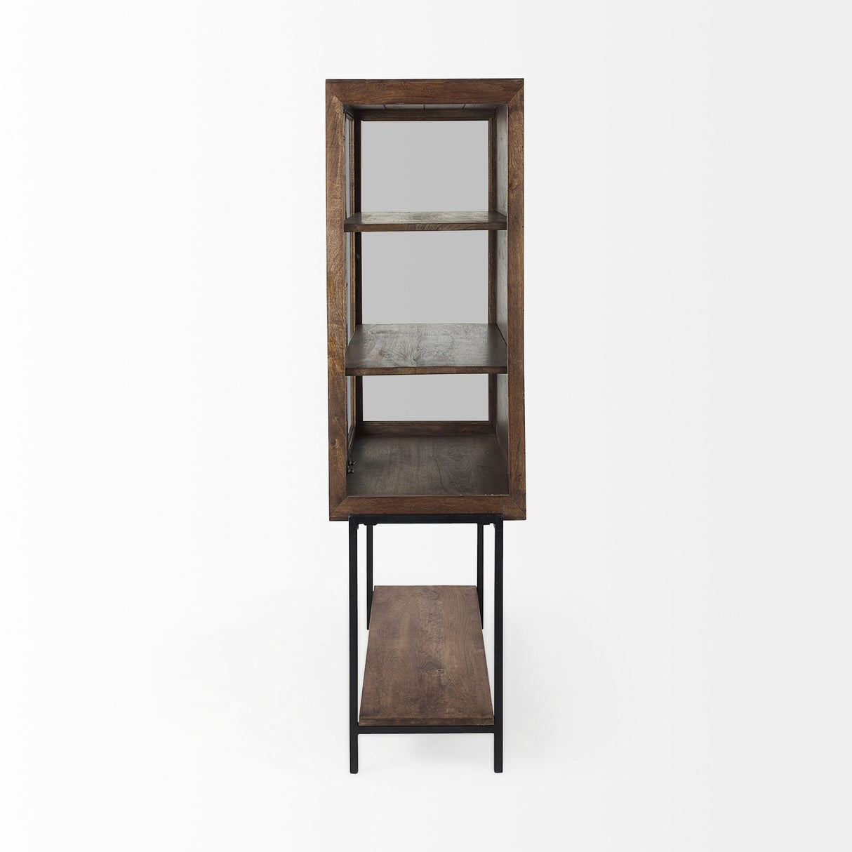 Arelius Medium Brown Wood W/ Black Metal Base Display Cabinet by Mercana at Eve Furniture