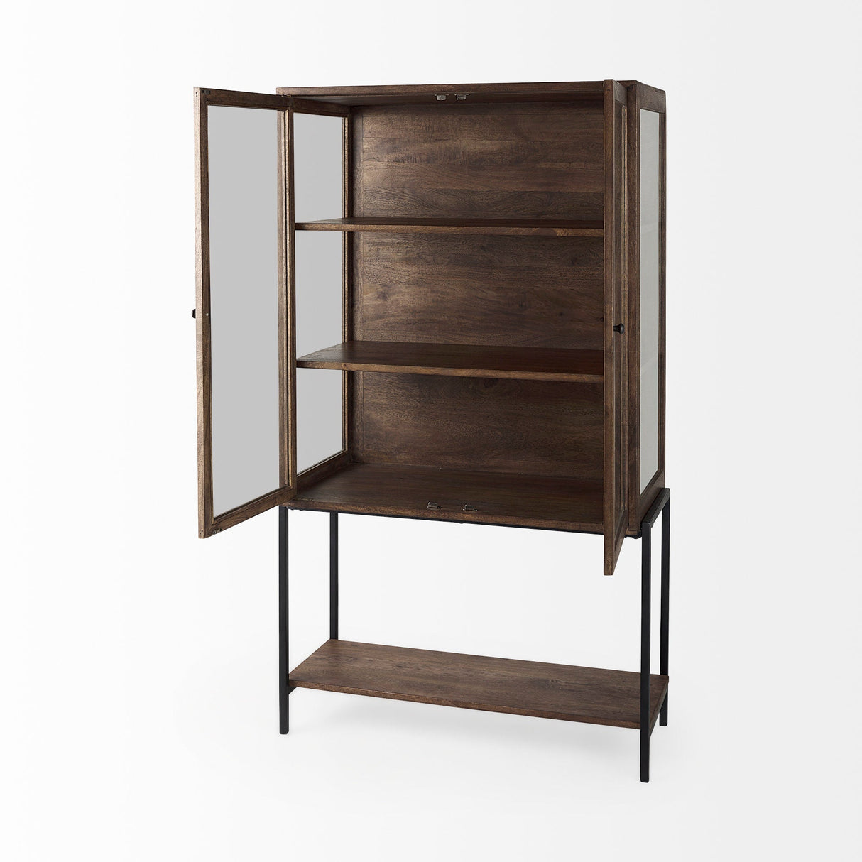 Arelius Medium Brown Wood W/ Black Metal Base Display Cabinet by Mercana at Eve Furniture