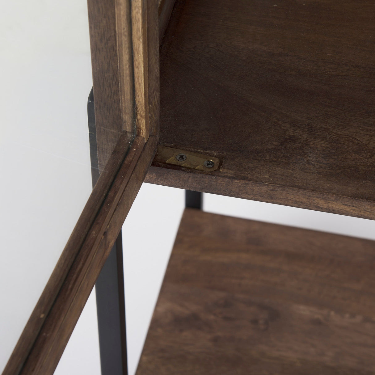 Arelius Medium Brown Wood W/ Black Metal Base Display Cabinet by Mercana at Eve Furniture
