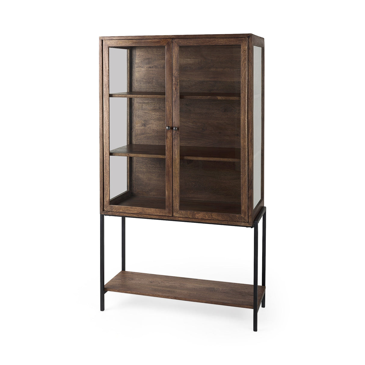 Arelius Medium Brown Wood W/ Black Metal Base Display Cabinet by Mercana at Eve Furniture