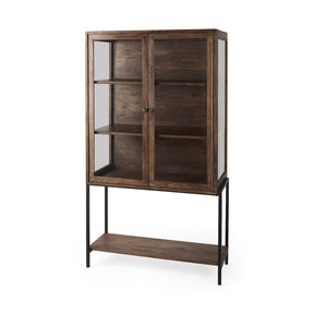 Arelius Medium Brown Wood W/ Black Metal Base Display Cabinet by Mercana at Eve Furniture