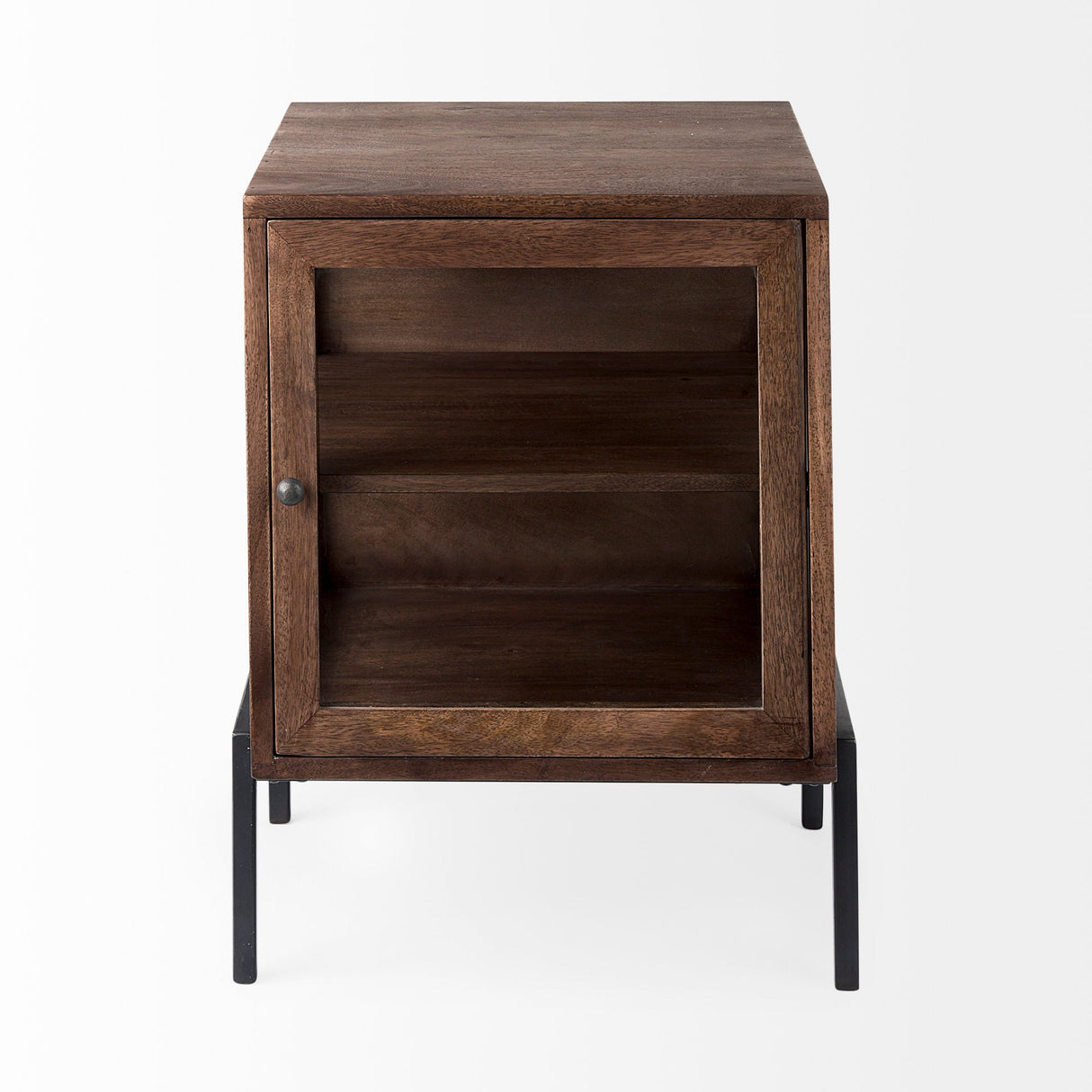 Arelius Medium Brown Wood W/ Black Metal Frame End/Side Table by Mercana at Eve Furniture
