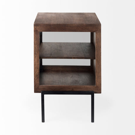 Arelius Medium Brown Wood W/ Black Metal Frame End/Side Table by Mercana at Eve Furniture