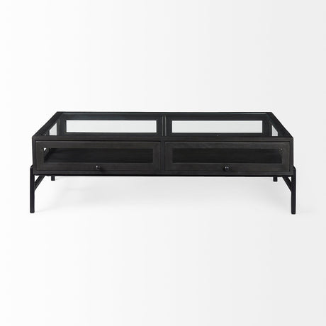 Arelius Rectangular Glass-Top Black-Brown Wood w/ Black Metal Base Display Coffee Table by Mercana at Eve Furniture