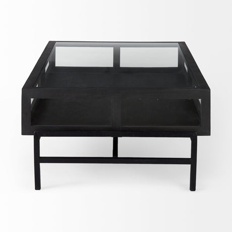 Arelius Rectangular Glass-Top Black-Brown Wood w/ Black Metal Base Display Coffee Table by Mercana at Eve Furniture