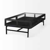 Arelius Rectangular Glass-Top Black-Brown Wood w/ Black Metal Base Display Coffee Table by Mercana at Eve Furniture