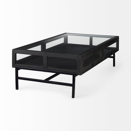 Arelius Rectangular Glass-Top Black-Brown Wood w/ Black Metal Base Display Coffee Table by Mercana at Eve Furniture