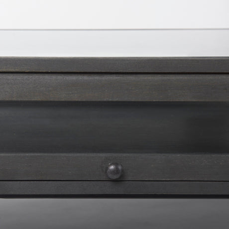Arelius Rectangular Glass-Top Black-Brown Wood w/ Black Metal Base Display Coffee Table by Mercana at Eve Furniture