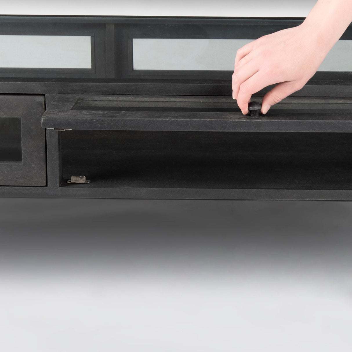 Arelius Rectangular Glass-Top Black-Brown Wood w/ Black Metal Base Display Coffee Table by Mercana at Eve Furniture
