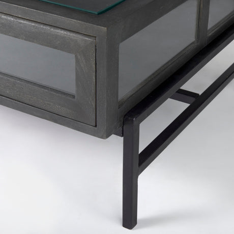 Arelius Rectangular Glass-Top Black-Brown Wood w/ Black Metal Base Display Coffee Table by Mercana at Eve Furniture