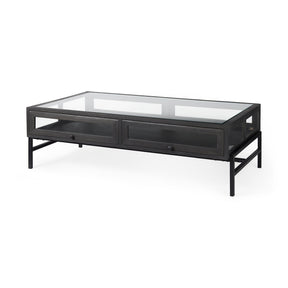 Arelius Rectangular Glass-Top Black-Brown Wood w/ Black Metal Base Display Coffee Table by Mercana at Eve Furniture