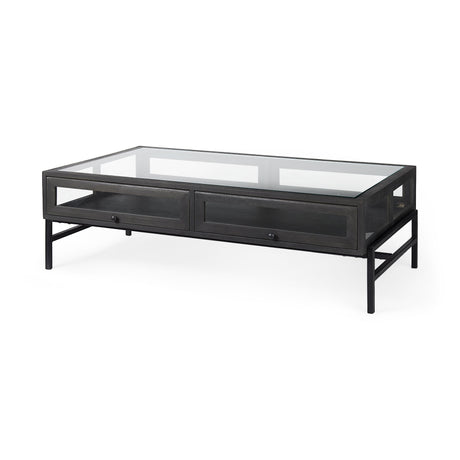 Arelius Rectangular Glass-Top Black-Brown Wood w/ Black Metal Base Display Coffee Table by Mercana at Eve Furniture