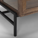 Arelius Rectangular Glass-Top Medium Brown Wood w/ Black Metal Base Display Coffee Table by Mercana at Eve Furniture