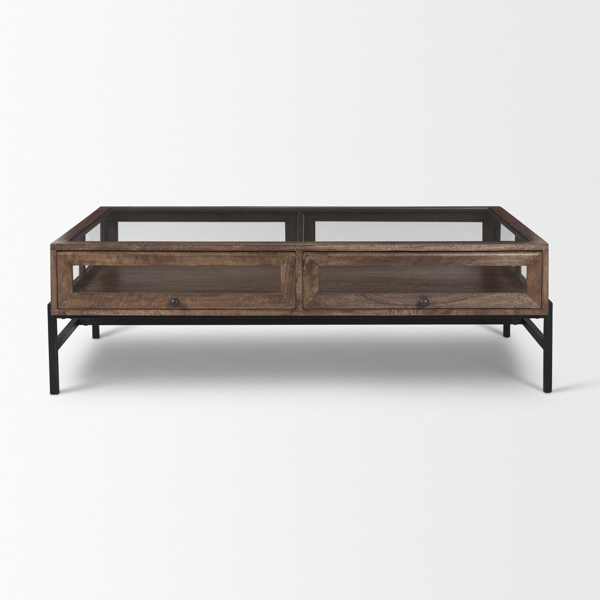 Arelius Rectangular Glass-Top Medium Brown Wood w/ Black Metal Base Display Coffee Table by Mercana at Eve Furniture