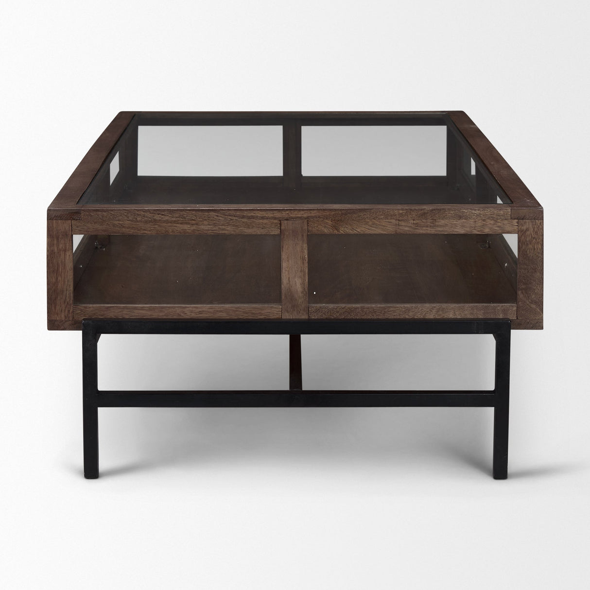 Arelius Rectangular Glass-Top Medium Brown Wood w/ Black Metal Base Display Coffee Table by Mercana at Eve Furniture