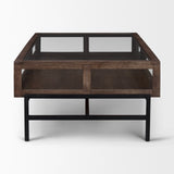 Arelius Rectangular Glass-Top Medium Brown Wood w/ Black Metal Base Display Coffee Table by Mercana at Eve Furniture