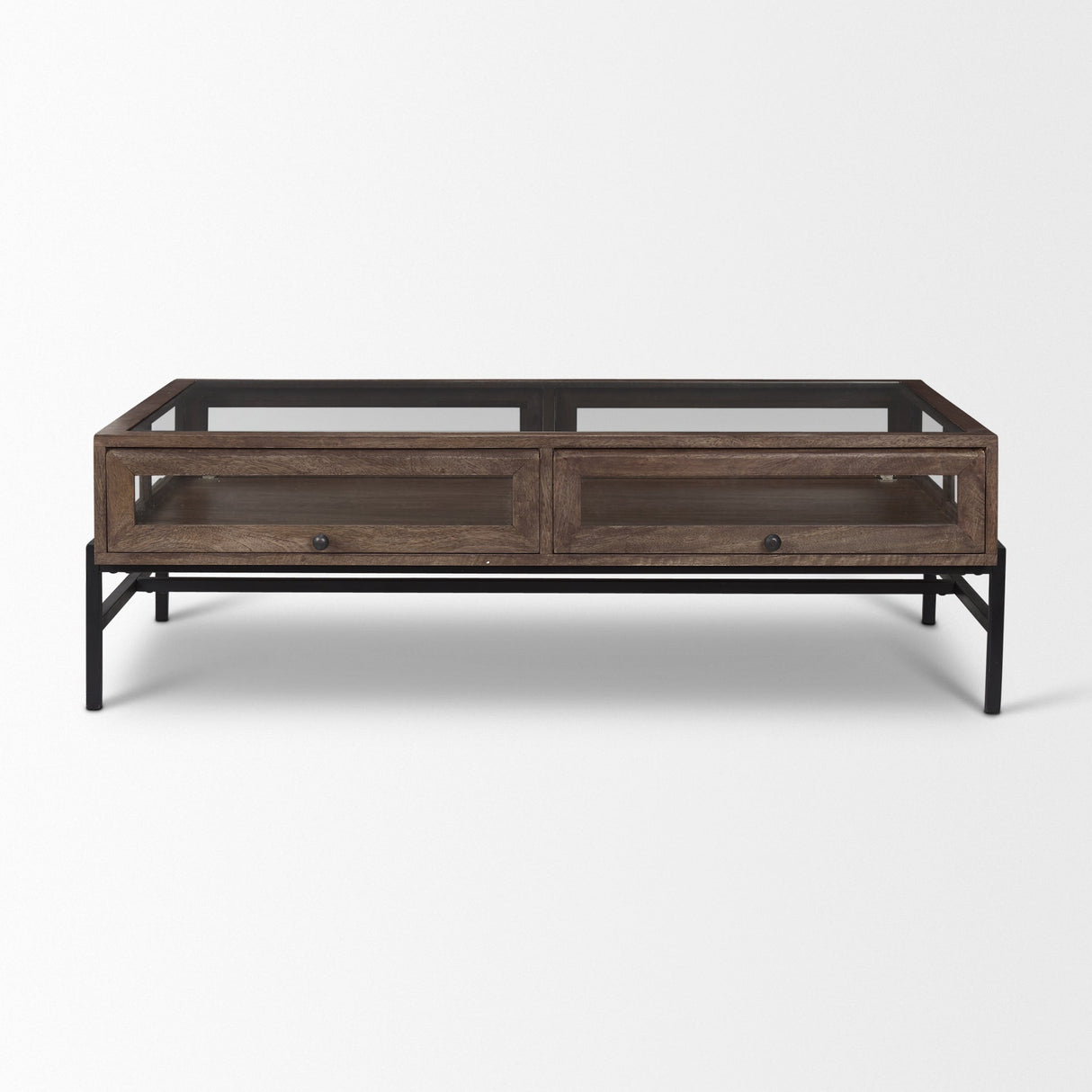 Arelius Rectangular Glass-Top Medium Brown Wood w/ Black Metal Base Display Coffee Table by Mercana at Eve Furniture