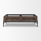 Arelius Rectangular Glass-Top Medium Brown Wood w/ Black Metal Base Display Coffee Table by Mercana at Eve Furniture