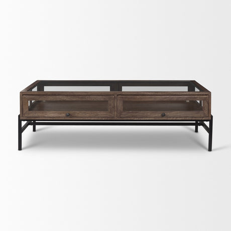 Arelius Rectangular Glass-Top Medium Brown Wood w/ Black Metal Base Display Coffee Table by Mercana at Eve Furniture
